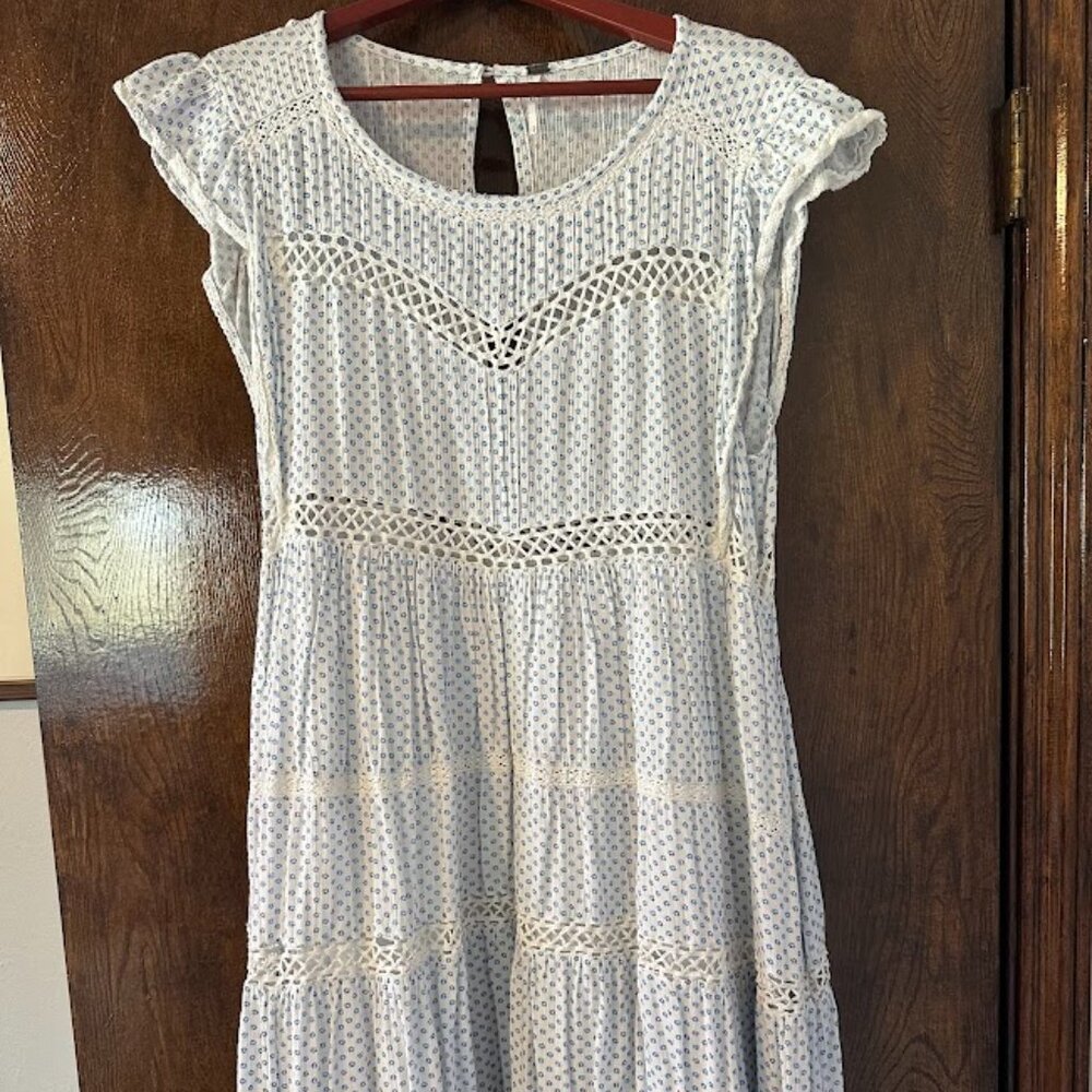 Free People Blue & White Floral Print Retro Kitty Crochet Trim Dress - SP - Picture 2 of 14